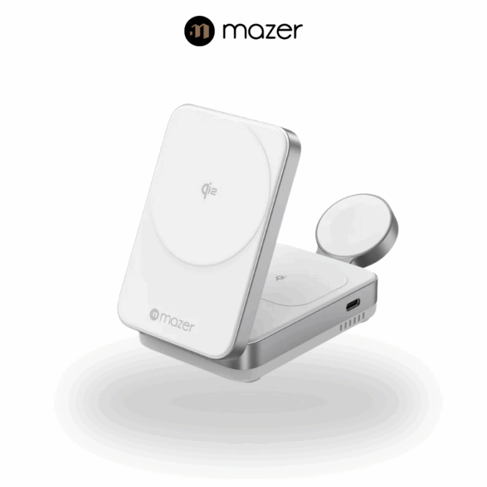Mazer MagFold Trio Qi2 23W Foldable 3 in 1 Wireless Charger | White