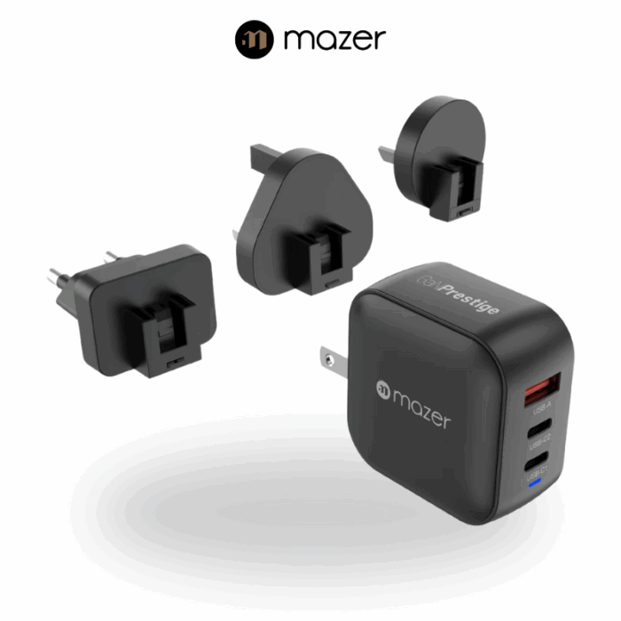 Mazer GaNPrestige V5 70W Gan Wall Charger with Travel Pins | Black