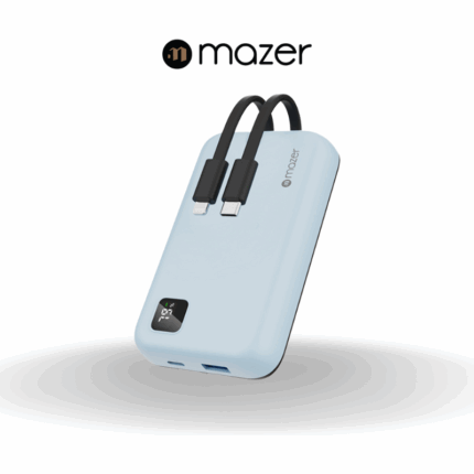 Mazer PowerCharge LINK1020 10,000mAh Power Bank with Built-In USB-C & Lightning Cables | Pacific Blue